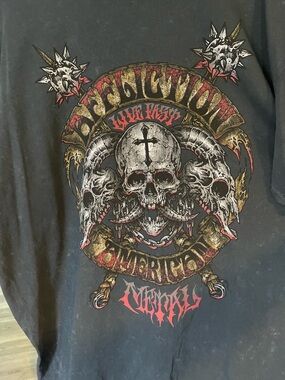 Affliction Black Tee with Red and Gold Skull Graphic